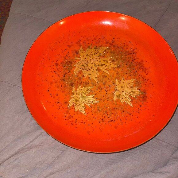 Curtis Jere Vintage MCM Art Bowl Artisan House Enamel Copper Maple Leaf Large - Picture 9 of 10